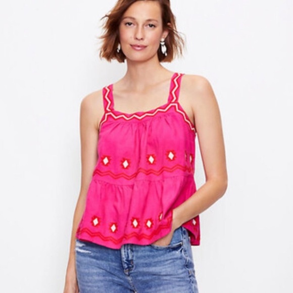 Loft pink hot flare embroidered baby doll tank - Picture 1 of 4